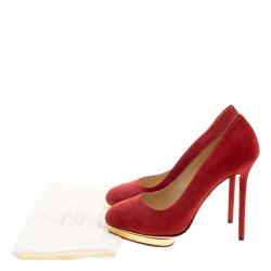 Pre Owned Charlotte Olympia Red Suede Dotty Platform Pumps Size 37.5