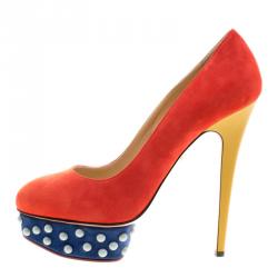 Pre Owned حذاء كعب عالي شارلوت أوليمبيا نعل سميك ترصيعات دولي  سويدي ثلاثي اللون مقاس 40