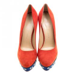 Pre Owned حذاء كعب عالي شارلوت أوليمبيا نعل سميك ترصيعات دولي  سويدي ثلاثي اللون مقاس 40