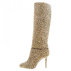 Pre Owned Charlotte Olympia Beige Leopard Print Pony Hair Corine Knee High Boots Size 39