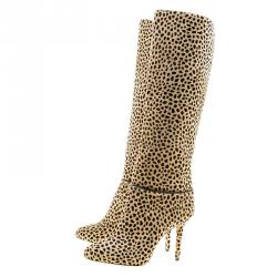 Pre Owned Charlotte Olympia Beige Leopard Print Pony Hair Corine Knee High Boots Size 39