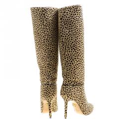 Pre Owned Charlotte Olympia Beige Leopard Print Pony Hair Corine Knee High Boots Size 39
