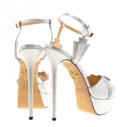 Charlotte Olympia Metallic Silver Leather Sky Scraper Crystal Embellished Peep Toe Ankle Strap Platform Sandals Size 37