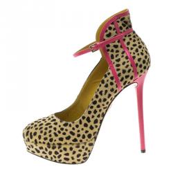 Pre Owned Charlotte Olympia Leopard Pony Hair Lucille Ankle Strap Platform Pumps Size 38