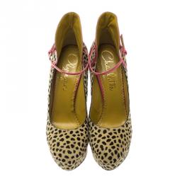 Pre Owned Charlotte Olympia Leopard Pony Hair Lucille Ankle Strap Platform Pumps Size 38