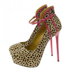 Pre Owned Charlotte Olympia Leopard Pony Hair Lucille Ankle Strap Platform Pumps Size 38