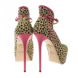 Pre Owned Charlotte Olympia Leopard Pony Hair Lucille Ankle Strap Platform Pumps Size 38