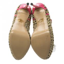 Pre Owned Charlotte Olympia Leopard Pony Hair Lucille Ankle Strap Platform Pumps Size 38