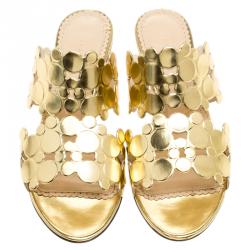 Pre Owned Charlotte Olympia Metallic Gold Leather Conceptual Peep Toe Slides Size 36