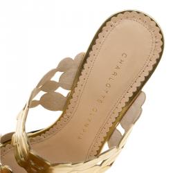 Pre Owned Charlotte Olympia Metallic Gold Leather Conceptual Peep Toe Slides Size 36