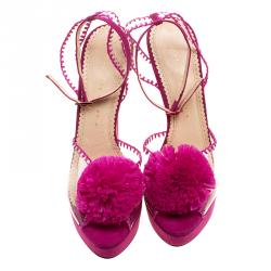 Pre Owned Charlotte Olympia Pink PVC and Suede Pomeline Peep Toe Platform Sandals Size 40