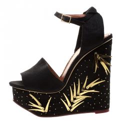 Pre Owned صندل شارلوت أوليمبيا ميشيفيوس كانفاس أسود مقدمة مفتوحة مزخرف مقاس 37.5