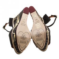 Pre Owned صندل شارلوت أوليمبيا ميشيفيوس كانفاس أسود مقدمة مفتوحة مزخرف مقاس 37.5