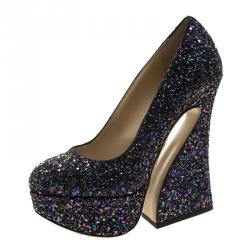 Pre Owned Charlotte Olympia Metallic Two Tone Coarse Glitter Millicent Platform Pumps Size 35
