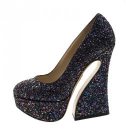 Pre Owned Charlotte Olympia Metallic Two Tone Coarse Glitter Millicent Platform Pumps Size 35