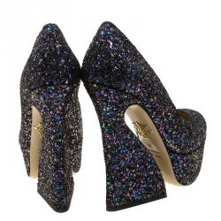 Pre Owned Charlotte Olympia Metallic Two Tone Coarse Glitter Millicent Platform Pumps Size 35