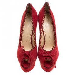 Pre Owned Charlotte Olympia Red Suede Daphne Scalloped Trim Peep Toe Platform Pumps Size 38
