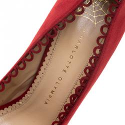 Pre Owned Charlotte Olympia Red Suede Daphne Scalloped Trim Peep Toe Platform Pumps Size 38