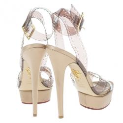 Pre Owned Charlotte Olympia Beige Vinyl and Satin Girls On Film Platform Sandals Size 39
