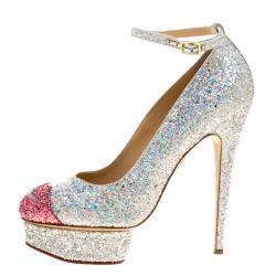 Pre Owned Charlotte Olympia Silver Glitter Kiss Me Dolores! Ankle Strap Platform Pumps Size 41