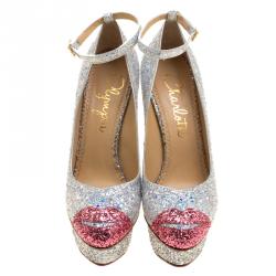 Pre Owned Charlotte Olympia Silver Glitter Kiss Me Dolores! Ankle Strap Platform Pumps Size 41