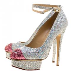 Pre Owned Charlotte Olympia Silver Glitter Kiss Me Dolores! Ankle Strap Platform Pumps Size 41