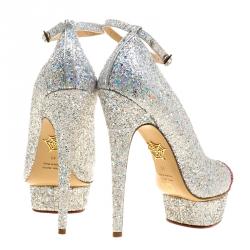 Pre Owned Charlotte Olympia Silver Glitter Kiss Me Dolores! Ankle Strap Platform Pumps Size 41