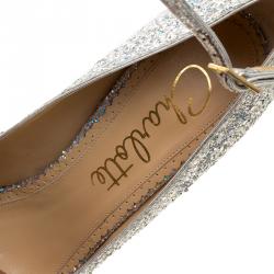 Pre Owned Charlotte Olympia Silver Glitter Kiss Me Dolores! Ankle Strap Platform Pumps Size 41