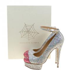Pre Owned Charlotte Olympia Silver Glitter Kiss Me Dolores! Ankle Strap Platform Pumps Size 41