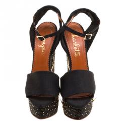 Charlotte Olympia Black Canvas Mischievous Peep Toe Embellished Wedge Sandals Size 41