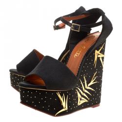 Charlotte Olympia Black Canvas Mischievous Peep Toe Embellished Wedge Sandals Size 41