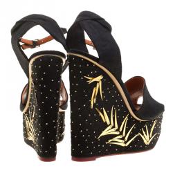 Charlotte Olympia Black Canvas Mischievous Peep Toe Embellished Wedge Sandals Size 41