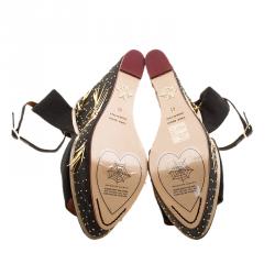 Charlotte Olympia Black Canvas Mischievous Peep Toe Embellished Wedge Sandals Size 41