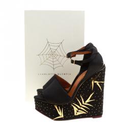 Charlotte Olympia Black Canvas Mischievous Peep Toe Embellished Wedge Sandals Size 41