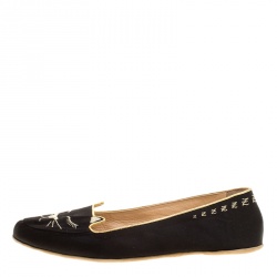 Pre Owned Charlotte Olympia Black Satin Cat Nap Slipper Set L