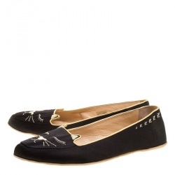 Pre Owned Charlotte Olympia Black Satin Cat Nap Slipper Set L
