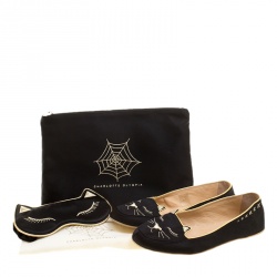 Pre Owned Charlotte Olympia Black Satin Cat Nap Slipper Set L