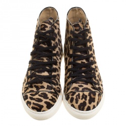 Pre Owned Charlotte Olympia Beige Leopard Print Pony Hair Purrfect High Top Sneakers Size 39.5