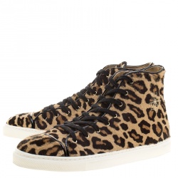 Pre Owned Charlotte Olympia Beige Leopard Print Pony Hair Purrfect High Top Sneakers Size 39.5