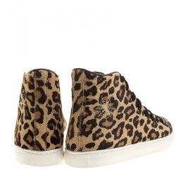 Pre Owned Charlotte Olympia Beige Leopard Print Pony Hair Purrfect High Top Sneakers Size 39.5