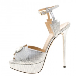 Pre Owned Charlotte Olympia Metallic Silver Leather Sky Scraper Crystal Embellished Peep Toe Ankle Strap Platform Sandals Size 40