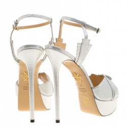 Pre Owned Charlotte Olympia Metallic Silver Leather Sky Scraper Crystal Embellished Peep Toe Ankle Strap Platform Sandals Size 40