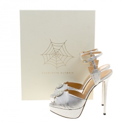 Pre Owned Charlotte Olympia Metallic Silver Leather Sky Scraper Crystal Embellished Peep Toe Ankle Strap Platform Sandals Size 40