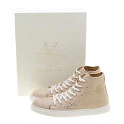 Pre Owned Charlotte Olympia Beige Linen Bejeweled High Top Sneakers Size 40