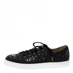 Charlotte Olympia Black Crystal Embellished Linen Bejeweled Low Top Sneakers Size 41
