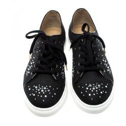 Charlotte Olympia Black Crystal Embellished Linen Bejeweled Low Top Sneakers Size 41