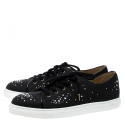 Charlotte Olympia Black Crystal Embellished Linen Bejeweled Low Top Sneakers Size 41