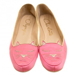 Pre Owned Charlotte Olympia Pink Satin Cat Nap Slipper Set S