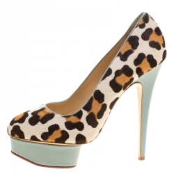 Pre Owned حذاء كعب عالى شارلوت اوليمبيا بولي نعل سميك شعر عجل نقشة فهد مقاس 38.5