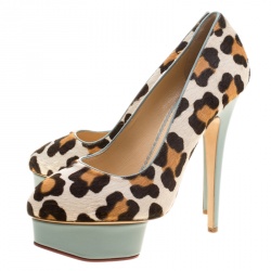 Pre Owned حذاء كعب عالى شارلوت اوليمبيا بولي نعل سميك شعر عجل نقشة فهد مقاس 38.5